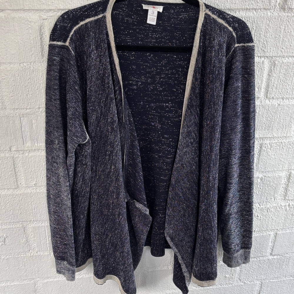 Chico's Knit Open Front Navy Metallic Cardigan sz L